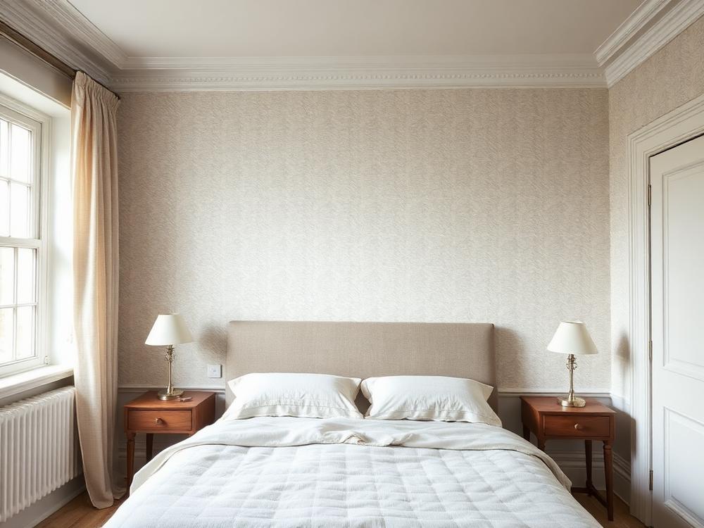 Bedroom with a papered feature wall and painted surrounding walls