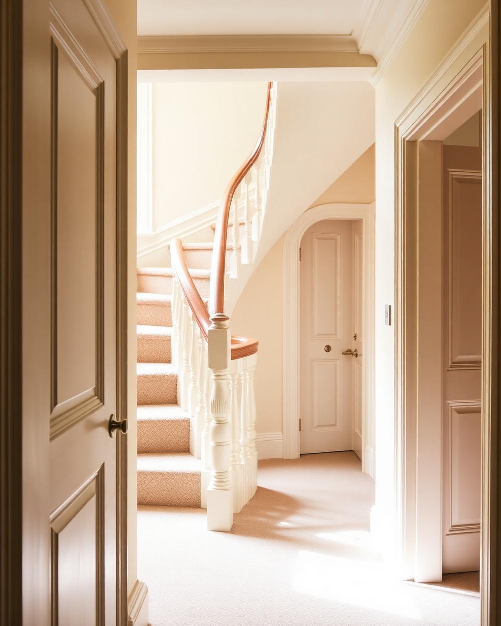 Hallway, staircase and landing with freshly painted woodwork and neutral walls